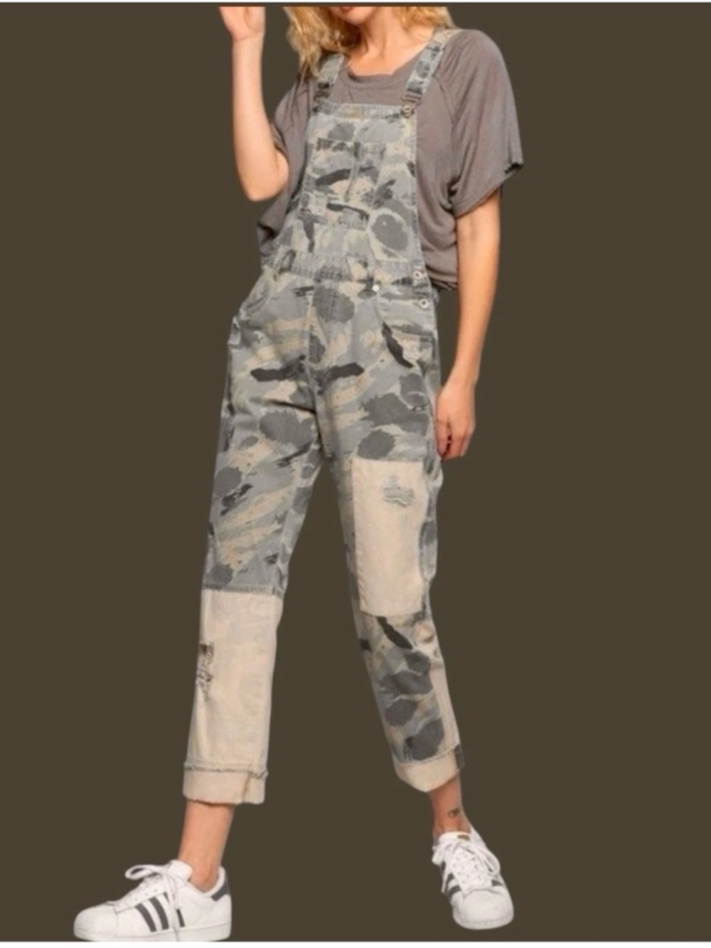 POL Beige and Black Camouflage Distressed Overalls